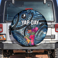 Yap Day Island Floral Tribal Heritage Spare Tire Cover Micronesian Hibiscus Pattern Polynesian Tattoo Blue Art