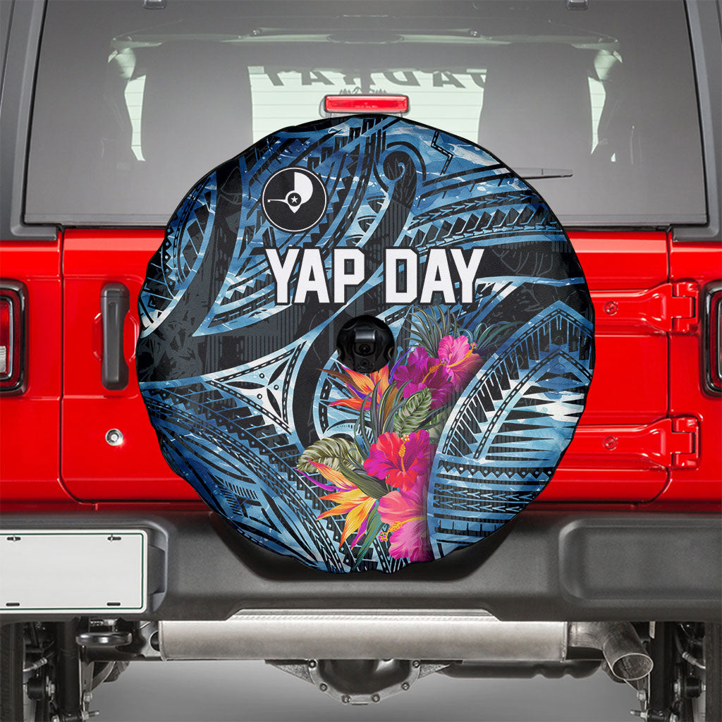 Yap Day Island Floral Tribal Heritage Spare Tire Cover Micronesian Hibiscus Pattern Polynesian Tattoo Blue Art