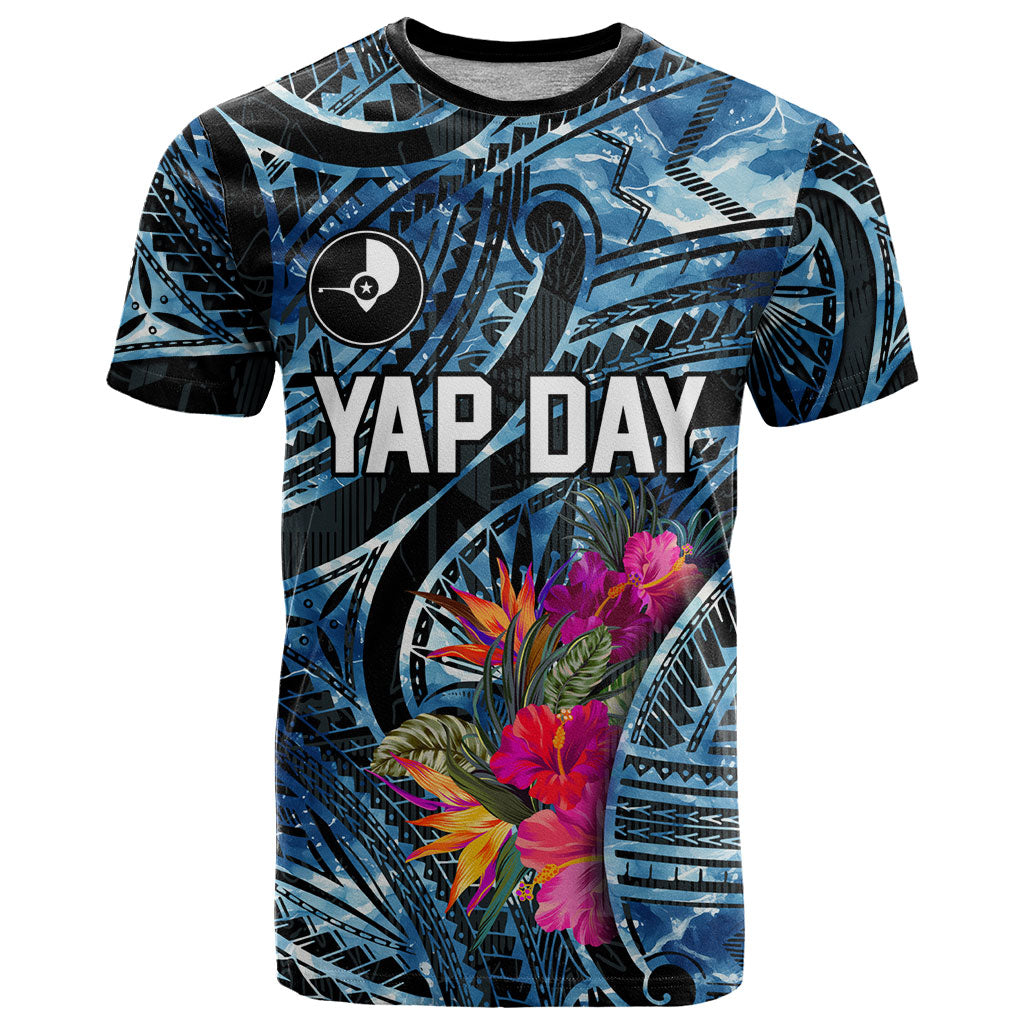 Yap Day Island Floral Tribal Heritage T Shirt Micronesian Hibiscus Pattern Polynesian Tattoo Blue Art