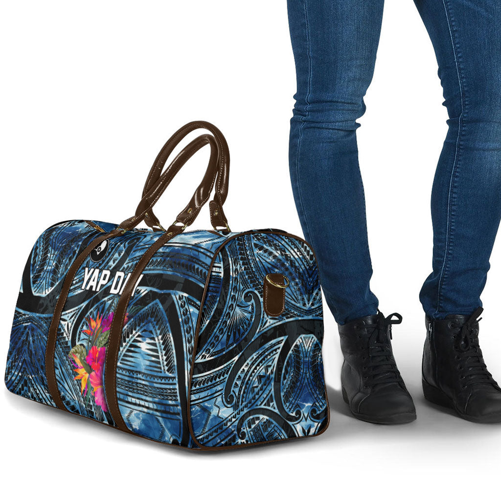 Yap Day Island Floral Tribal Heritage Travel Bag Micronesian Hibiscus Pattern Polynesian Tattoo Blue Art