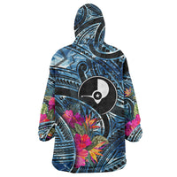 Yap Day Island Floral Tribal Heritage Wearable Blanket Hoodie Micronesian Hibiscus Pattern Polynesian Tattoo Blue Art