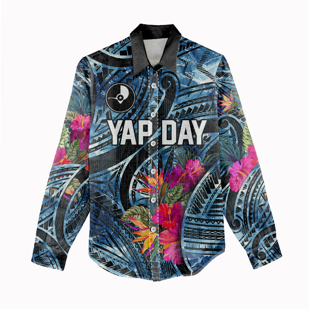 Yap Day Island Floral Tribal Heritage Women Casual Shirt Micronesian Hibiscus Pattern Polynesian Tattoo Blue Art