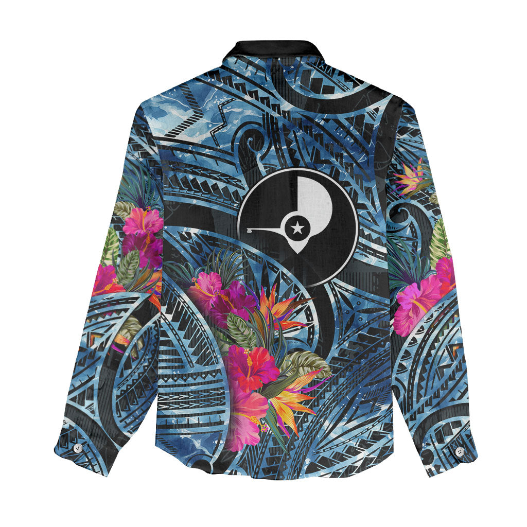 Yap Day Island Floral Tribal Heritage Women Casual Shirt Micronesian Hibiscus Pattern Polynesian Tattoo Blue Art
