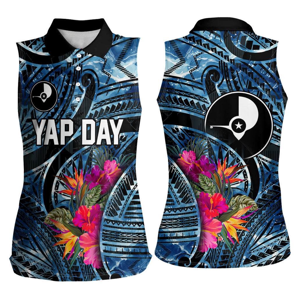 Yap Day Island Floral Tribal Heritage Women Sleeveless Polo Shirt Micronesian Hibiscus Pattern Polynesian Tattoo Blue Art
