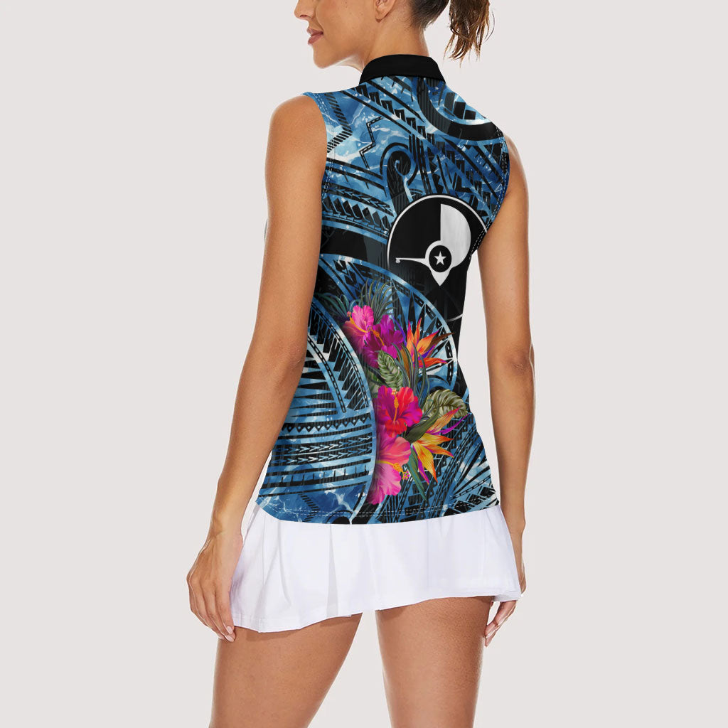 Yap Day Island Floral Tribal Heritage Women Sleeveless Polo Shirt Micronesian Hibiscus Pattern Polynesian Tattoo Blue Art