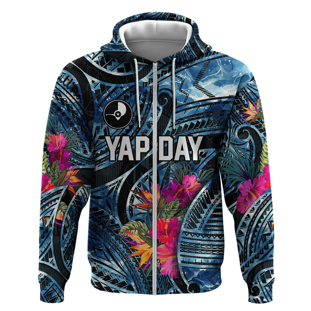 Yap Day Island Floral Tribal Heritage Zip Hoodie Micronesian Hibiscus Pattern Polynesian Tattoo Blue Art