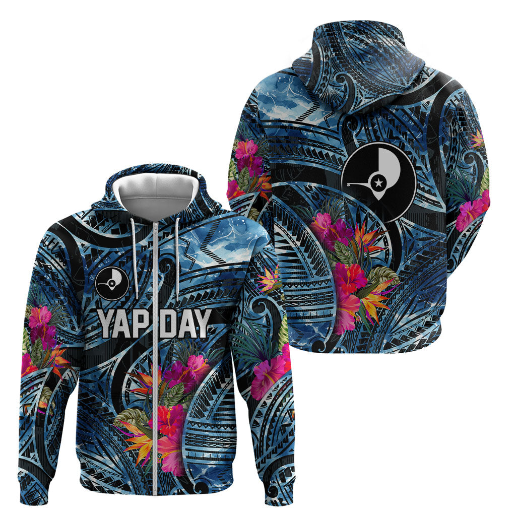 Yap Day Island Floral Tribal Heritage Zip Hoodie Micronesian Hibiscus Pattern Polynesian Tattoo Blue Art
