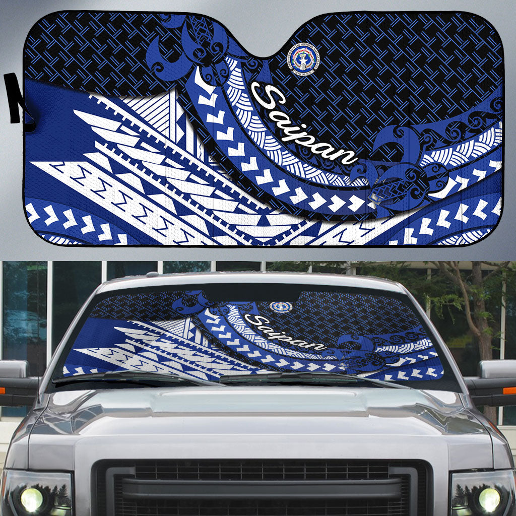 Northern Mariana Islands Saipan Auto Sun Shade Polynesian Tribal Pattern - Commonwealth Seal Art
