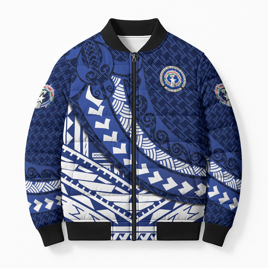 Northern Mariana Islands Saipan Bomber Puffer Jacket Polynesian Tribal Pattern - Commonwealth Seal Art