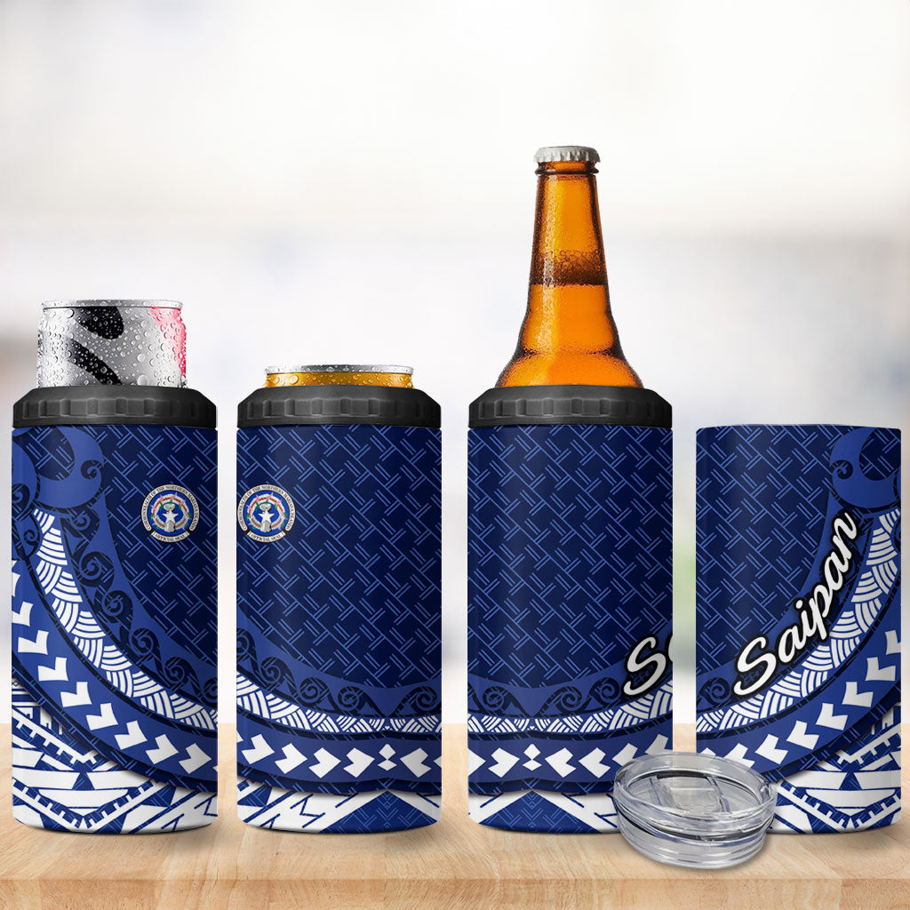 Northern Mariana Islands Saipan 4 in 1 Can Cooler Tumbler Polynesian Tribal Pattern - Commonwealth Seal Art