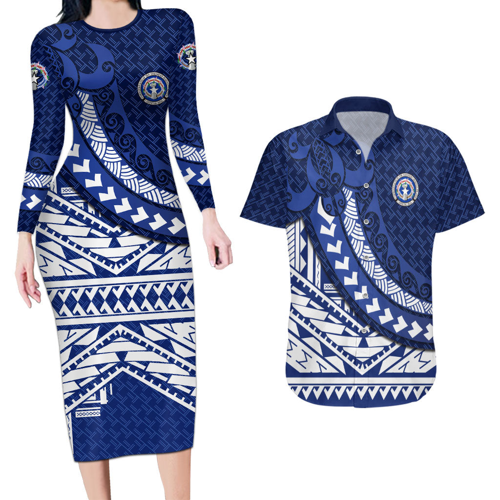 Northern Mariana Islands Saipan Couples Matching Long Sleeve Bodycon Dress and Hawaiian Shirt Polynesian Tribal Pattern - Commonwealth Seal Art TS04 Blue White - Polynesian Pride