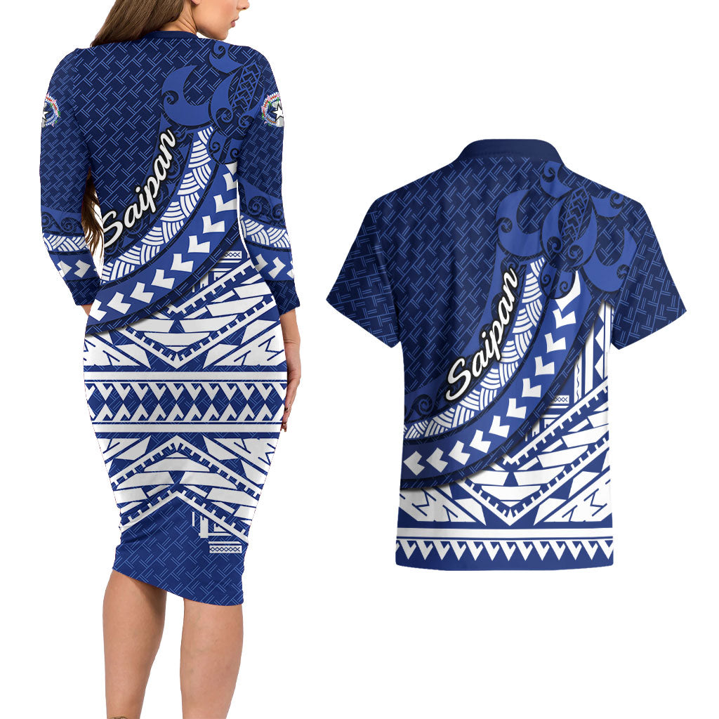 Northern Mariana Islands Saipan Couples Matching Long Sleeve Bodycon Dress and Hawaiian Shirt Polynesian Tribal Pattern - Commonwealth Seal Art TS04 - Polynesian Pride