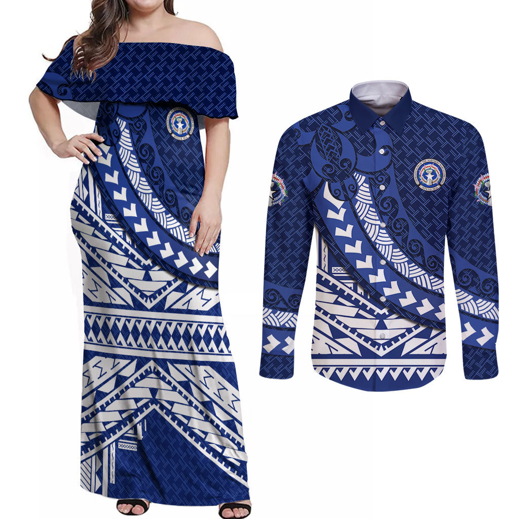 Northern Mariana Islands Saipan Couples Matching Off Shoulder Maxi Dress and Long Sleeve Button Shirt Polynesian Tribal Pattern - Commonwealth Seal Art
