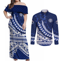 Northern Mariana Islands Saipan Couples Matching Off Shoulder Maxi Dress and Long Sleeve Button Shirt Polynesian Tribal Pattern - Commonwealth Seal Art