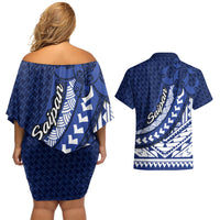 Northern Mariana Islands Saipan Couples Matching Off Shoulder Short Dress and Hawaiian Shirt Polynesian Tribal Pattern - Commonwealth Seal Art