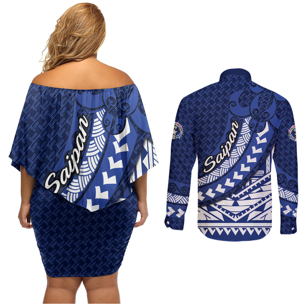 Northern Mariana Islands Saipan Couples Matching Off Shoulder Short Dress and Long Sleeve Button Shirt Polynesian Tribal Pattern - Commonwealth Seal Art