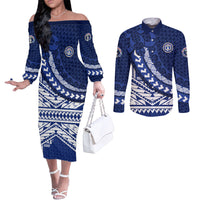 Northern Mariana Islands Saipan Couples Matching Off The Shoulder Long Sleeve Dress and Long Sleeve Button Shirt Polynesian Tribal Pattern - Commonwealth Seal Art