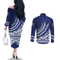 Northern Mariana Islands Saipan Couples Matching Off The Shoulder Long Sleeve Dress and Long Sleeve Button Shirt Polynesian Tribal Pattern - Commonwealth Seal Art