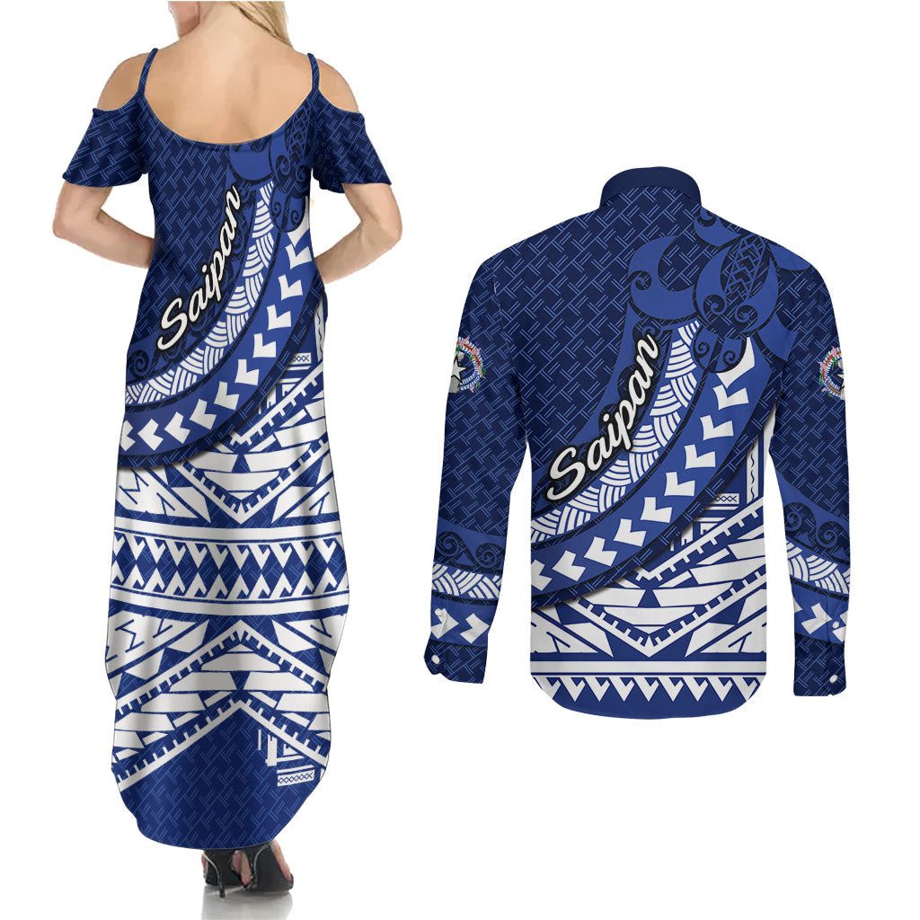Northern Mariana Islands Saipan Couples Matching Summer Maxi Dress and Long Sleeve Button Shirt Polynesian Tribal Pattern - Commonwealth Seal Art