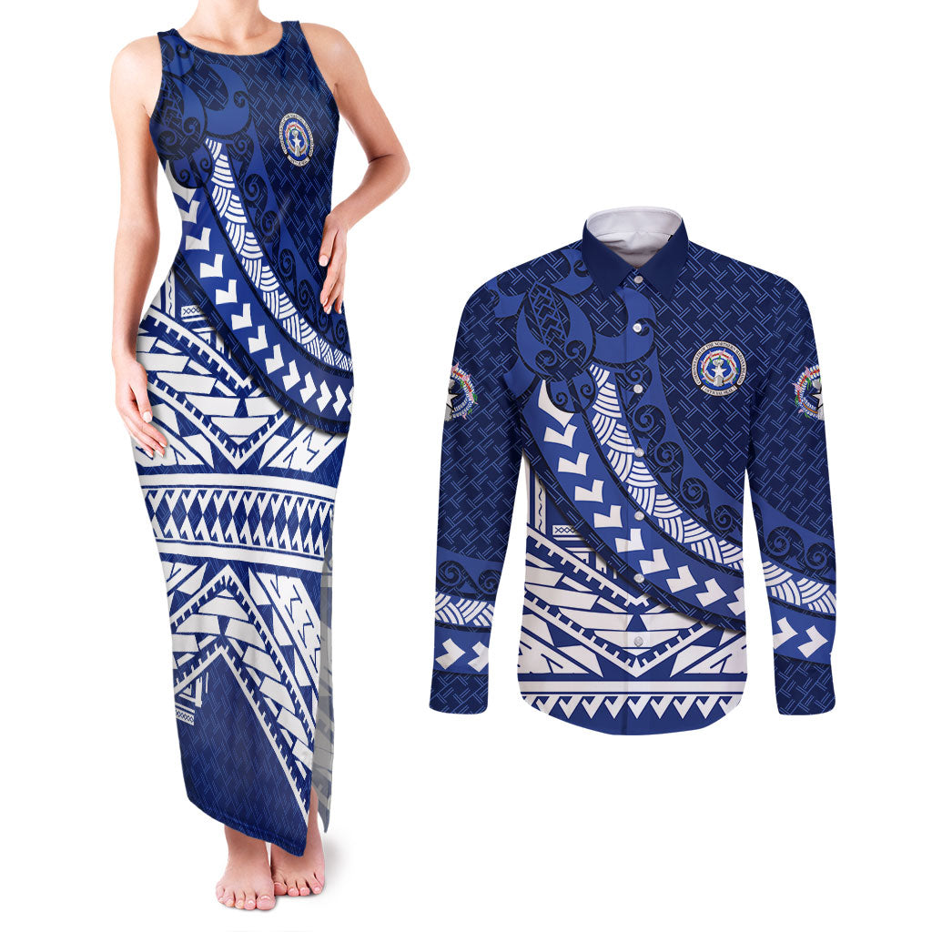 Northern Mariana Islands Saipan Couples Matching Tank Maxi Dress and Long Sleeve Button Shirt Polynesian Tribal Pattern - Commonwealth Seal Art TS04 Blue White - Polynesian Pride