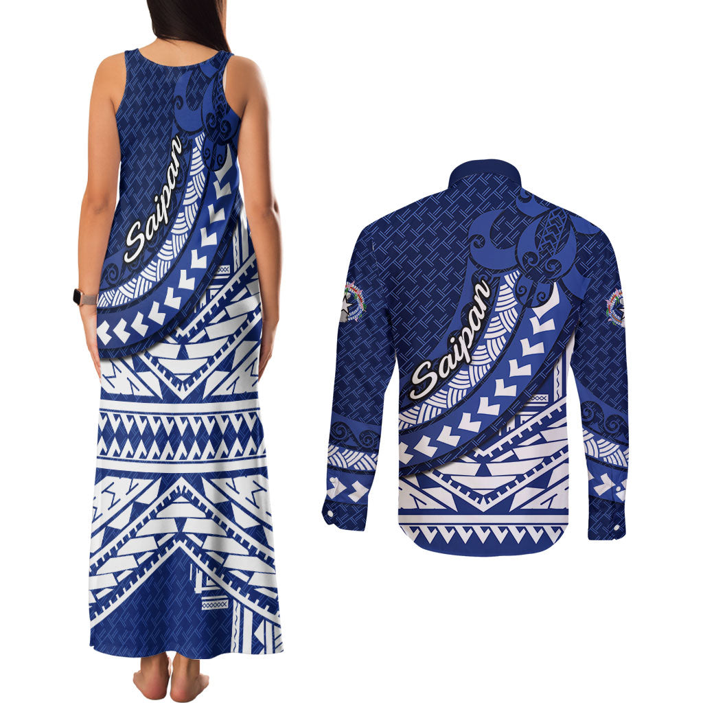 Northern Mariana Islands Saipan Couples Matching Tank Maxi Dress and Long Sleeve Button Shirt Polynesian Tribal Pattern - Commonwealth Seal Art TS04 - Polynesian Pride