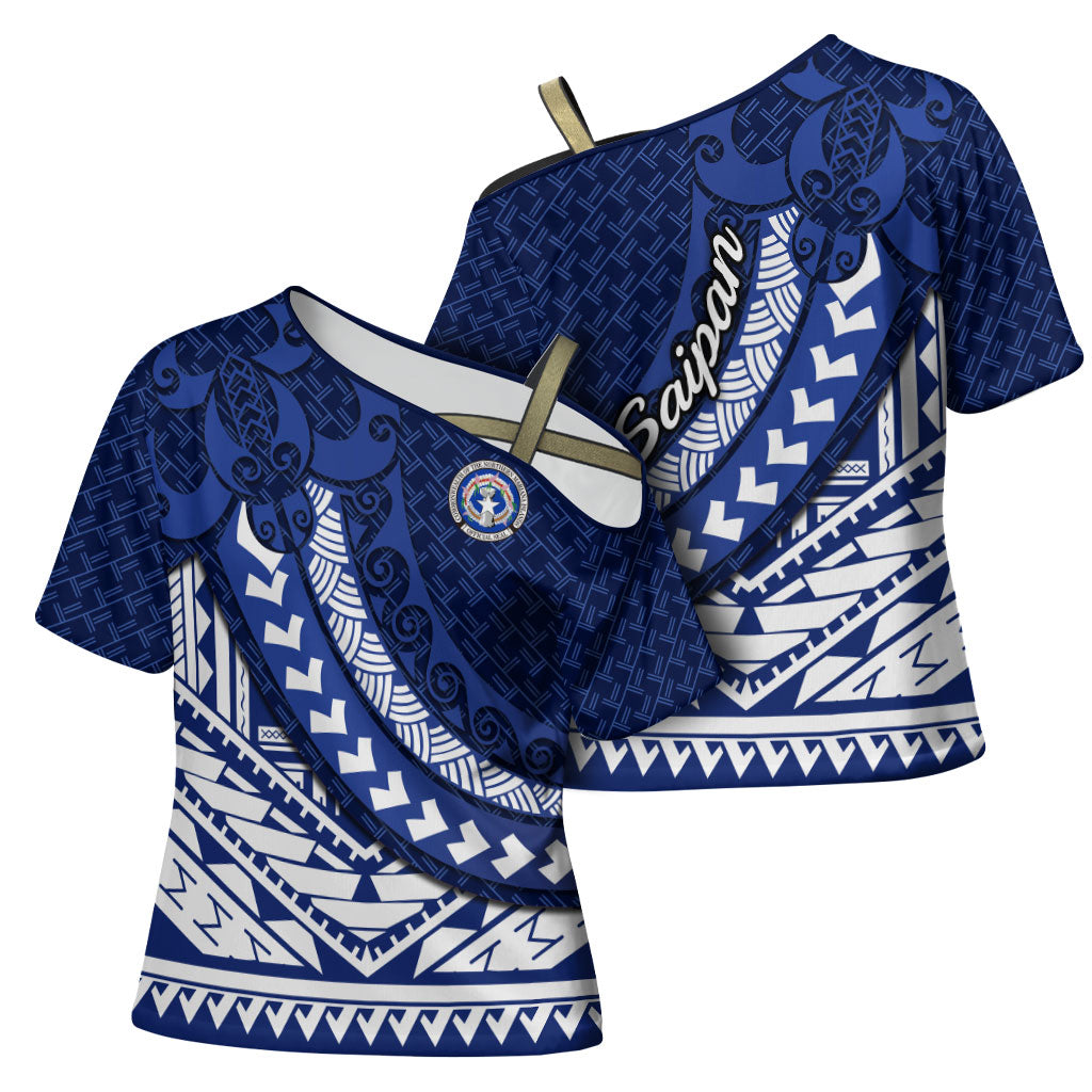 Northern Mariana Islands Saipan Cross Shoulder Shirt Polynesian Tribal Pattern - Commonwealth Seal Art