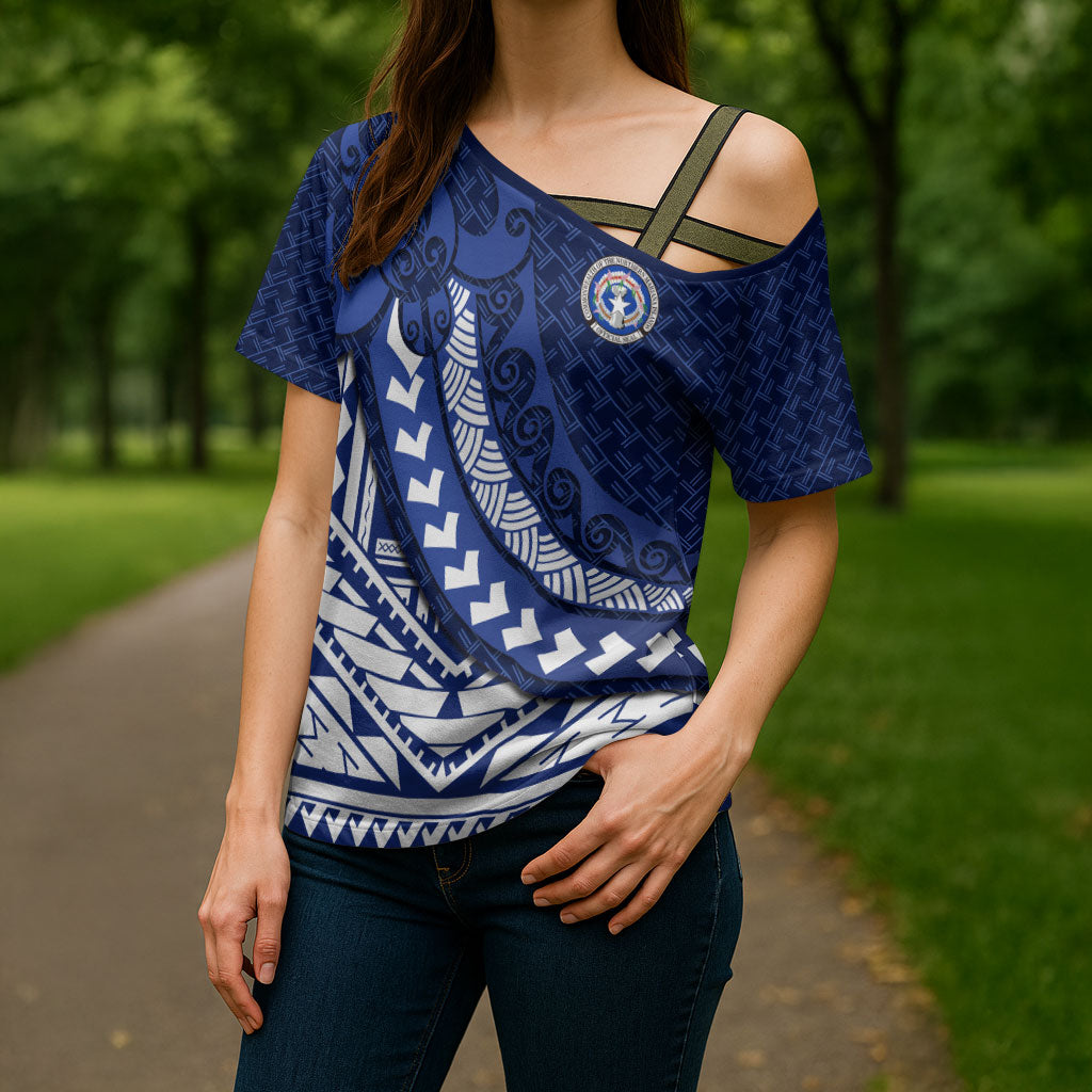Northern Mariana Islands Saipan Cross Shoulder Shirt Polynesian Tribal Pattern - Commonwealth Seal Art