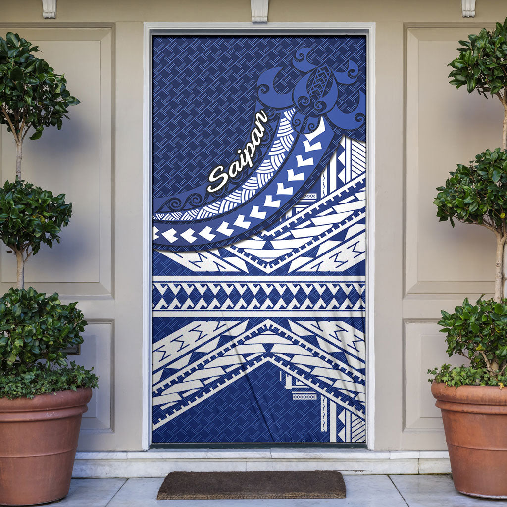 Northern Mariana Islands Saipan Door Cover Polynesian Tribal Pattern - Commonwealth Seal Art TS04 Blue White - Polynesian Pride