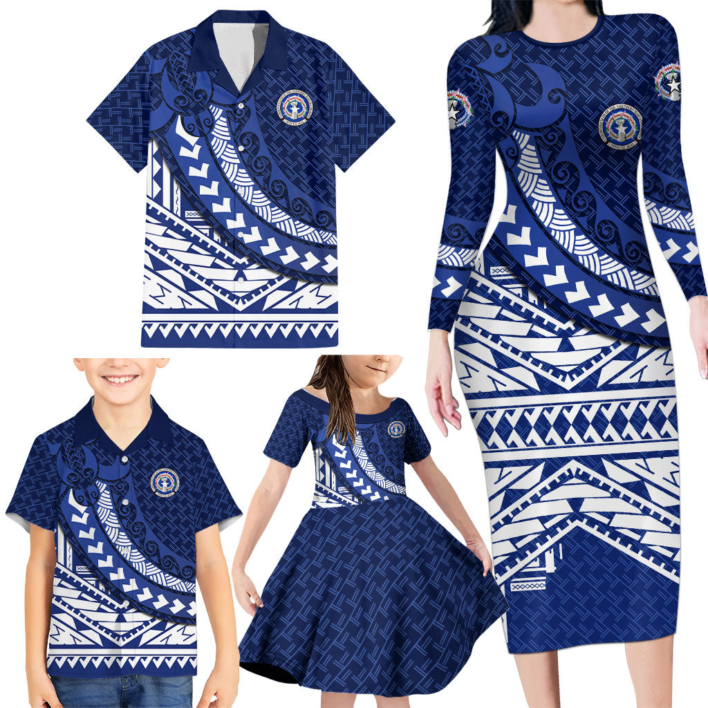 Northern Mariana Islands Saipan Family Matching Long Sleeve Bodycon Dress and Hawaiian Shirt Polynesian Tribal Pattern - Commonwealth Seal Art TS04 - Polynesian Pride