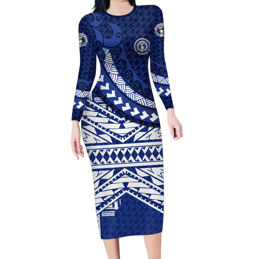 Northern Mariana Islands Saipan Family Matching Long Sleeve Bodycon Dress and Hawaiian Shirt Polynesian Tribal Pattern - Commonwealth Seal Art TS04 Mom's Dress Blue White - Polynesian Pride