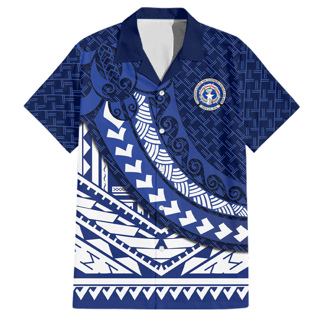 Northern Mariana Islands Saipan Family Matching Mermaid Dress and Hawaiian Shirt Polynesian Tribal Pattern - Commonwealth Seal Art TS04 Dad's Shirt - Short Sleeve Blue White - Polynesian Pride
