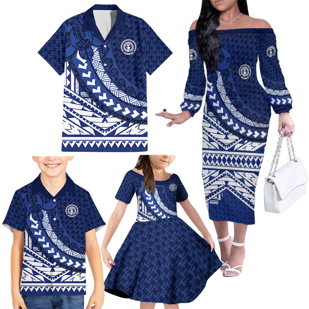 Northern Mariana Islands Saipan Family Matching Off The Shoulder Long Sleeve Dress and Hawaiian Shirt Polynesian Tribal Pattern - Commonwealth Seal Art TS04 - Polynesian Pride