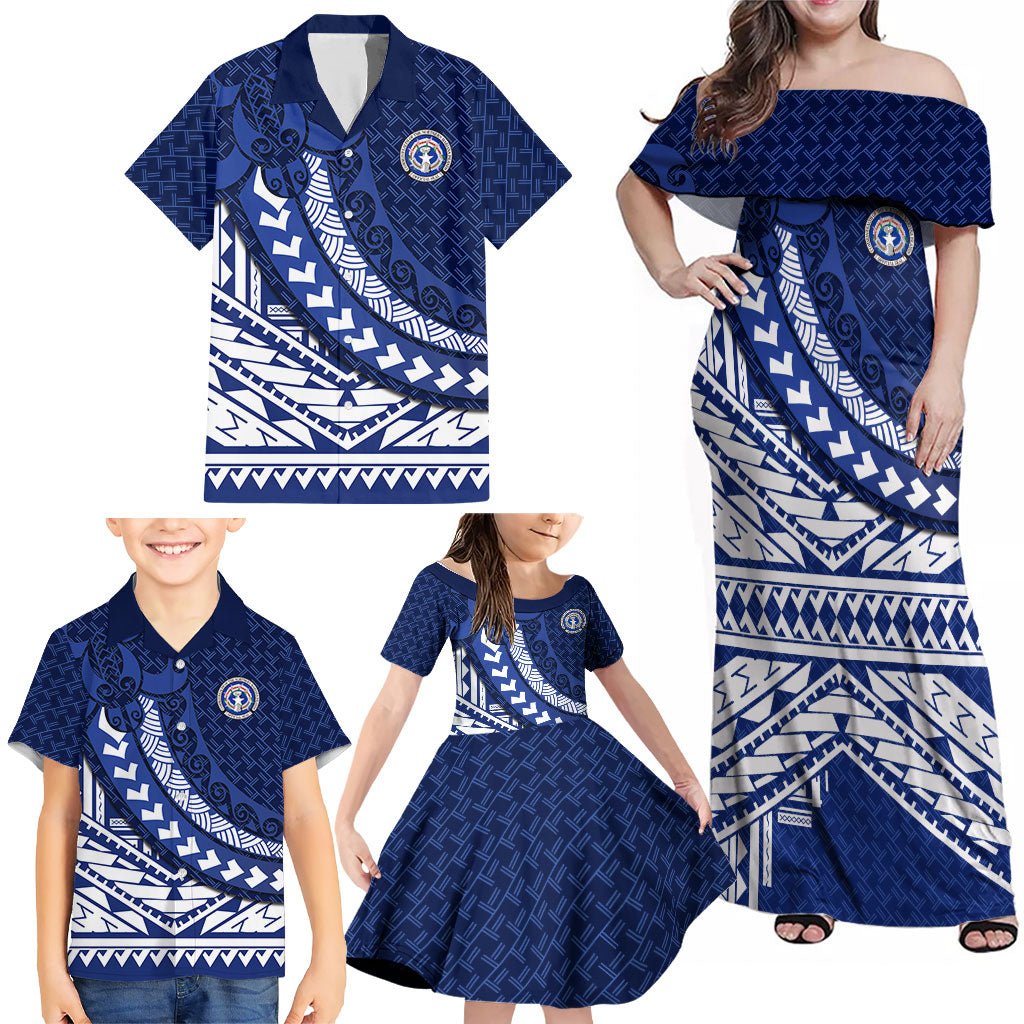 Northern Mariana Islands Saipan Family Matching Off Shoulder Maxi Dress and Hawaiian Shirt Polynesian Tribal Pattern - Commonwealth Seal Art TS04 - Polynesian Pride