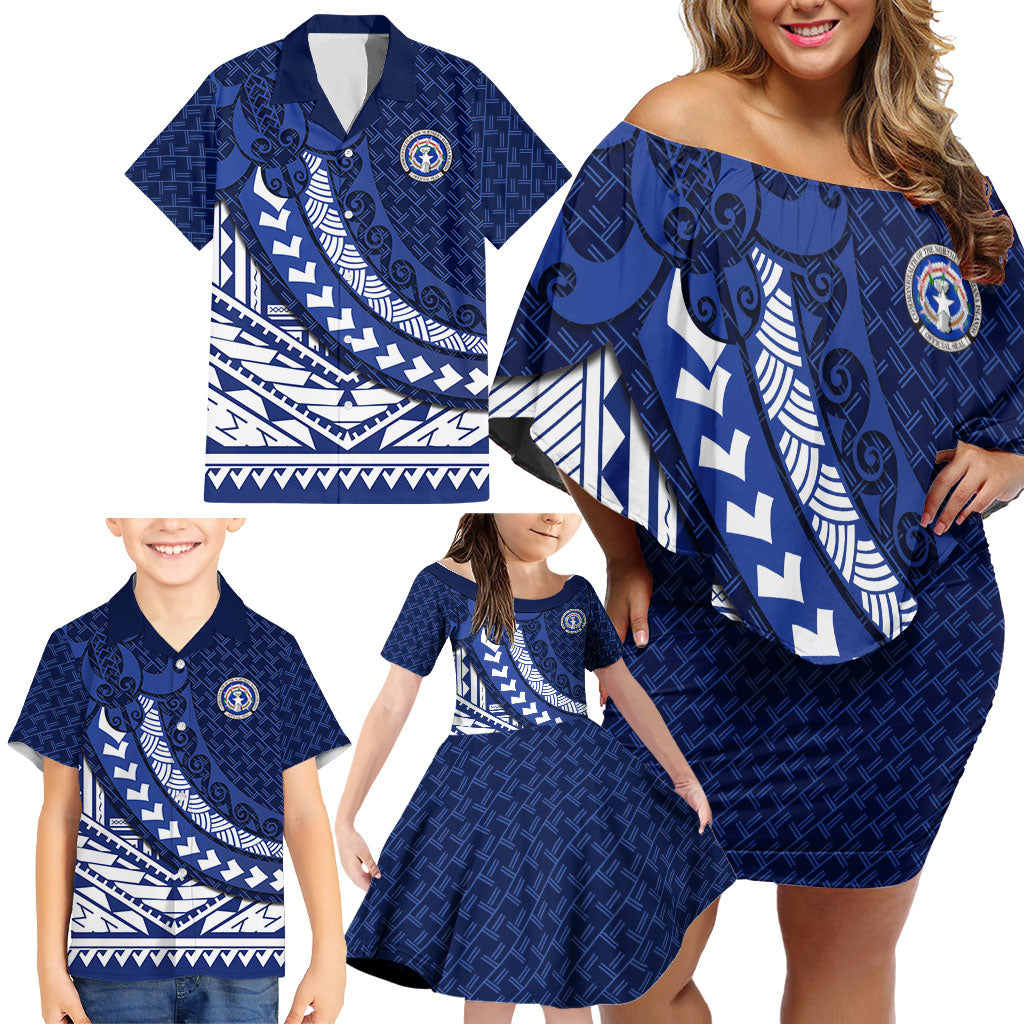 Northern Mariana Islands Saipan Family Matching Off Shoulder Short Dress and Hawaiian Shirt Polynesian Tribal Pattern - Commonwealth Seal Art TS04 - Polynesian Pride