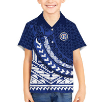Northern Mariana Islands Saipan Family Matching Off Shoulder Short Dress and Hawaiian Shirt Polynesian Tribal Pattern - Commonwealth Seal Art TS04 Son's Shirt Blue White - Polynesian Pride