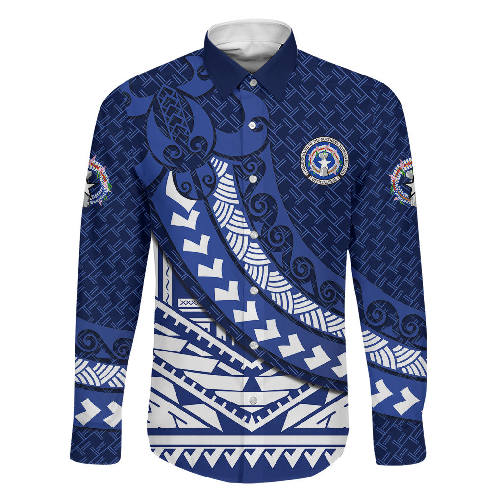 Northern Mariana Islands Saipan Family Matching Summer Maxi Dress and Hawaiian Shirt Polynesian Tribal Pattern - Commonwealth Seal Art TS04 Dad's Shirt - Long Sleeve Blue White - Polynesian Pride