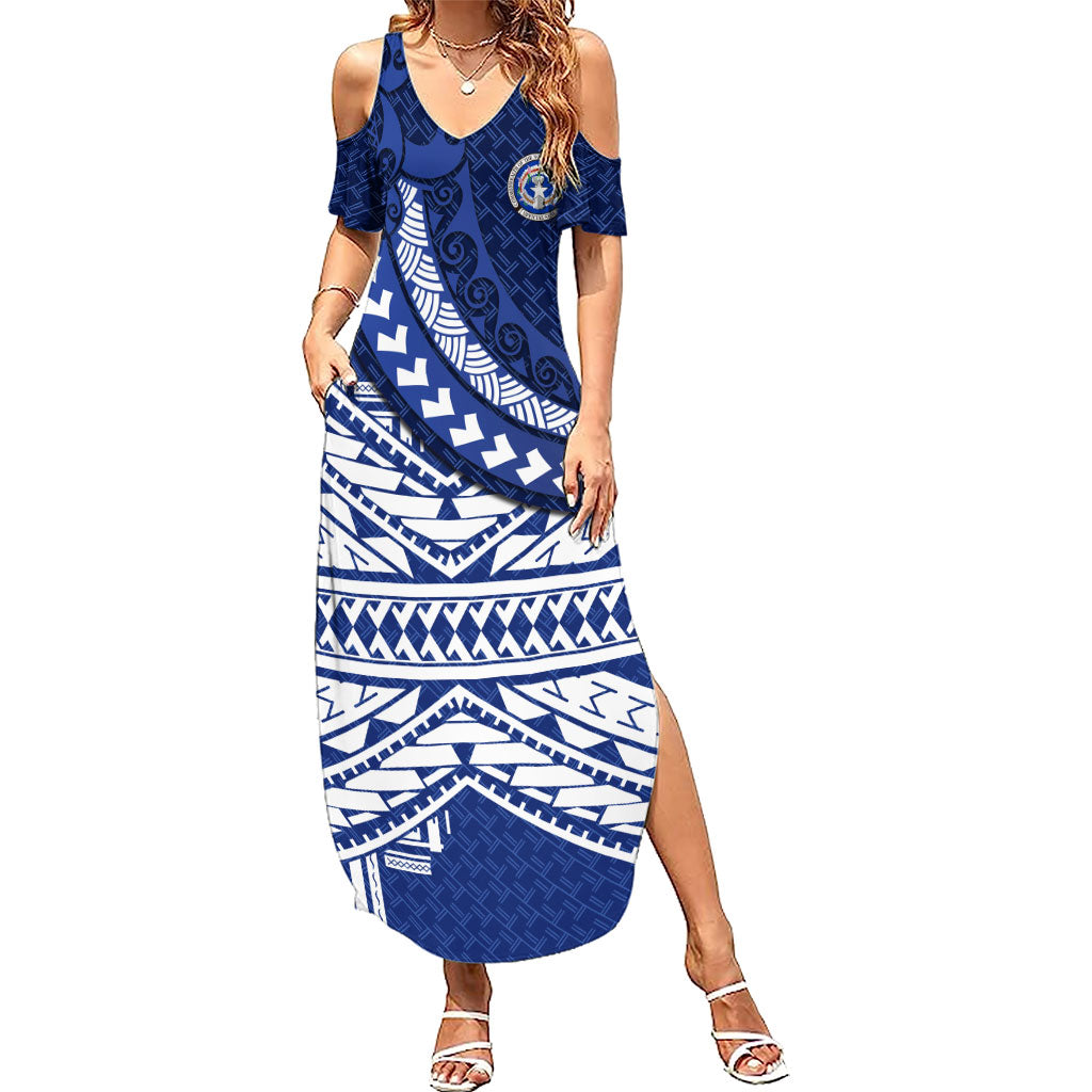 Northern Mariana Islands Saipan Family Matching Summer Maxi Dress and Hawaiian Shirt Polynesian Tribal Pattern - Commonwealth Seal Art TS04 Mom's Dress Blue White - Polynesian Pride