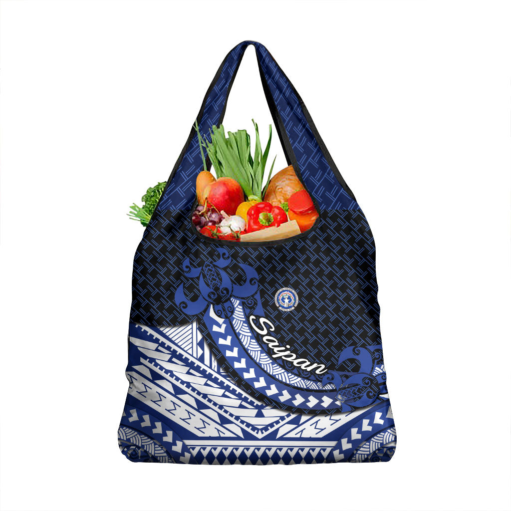 Northern Mariana Islands Saipan Grocery Bag Polynesian Tribal Pattern - Commonwealth Seal Art TS04 1-pack One Size Blue White - Polynesian Pride