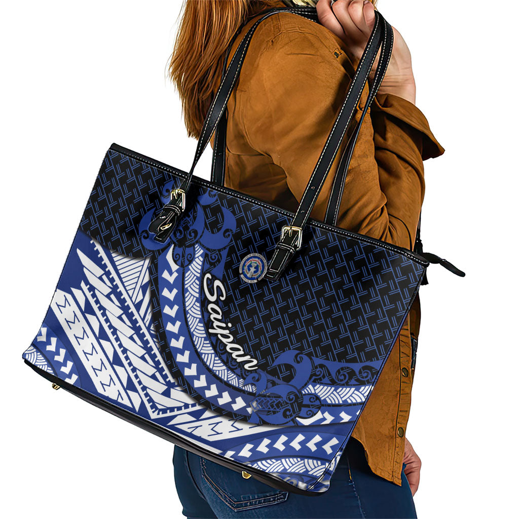 Northern Mariana Islands Saipan Leather Tote Bag Polynesian Tribal Pattern - Commonwealth Seal Art