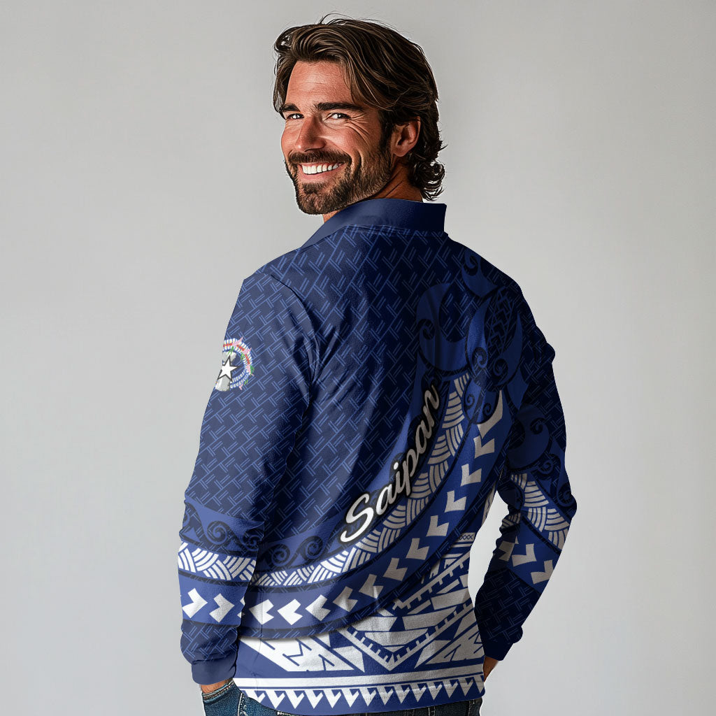 Northern Mariana Islands Saipan Long Sleeve Polo Shirt Polynesian Tribal Pattern - Commonwealth Seal Art