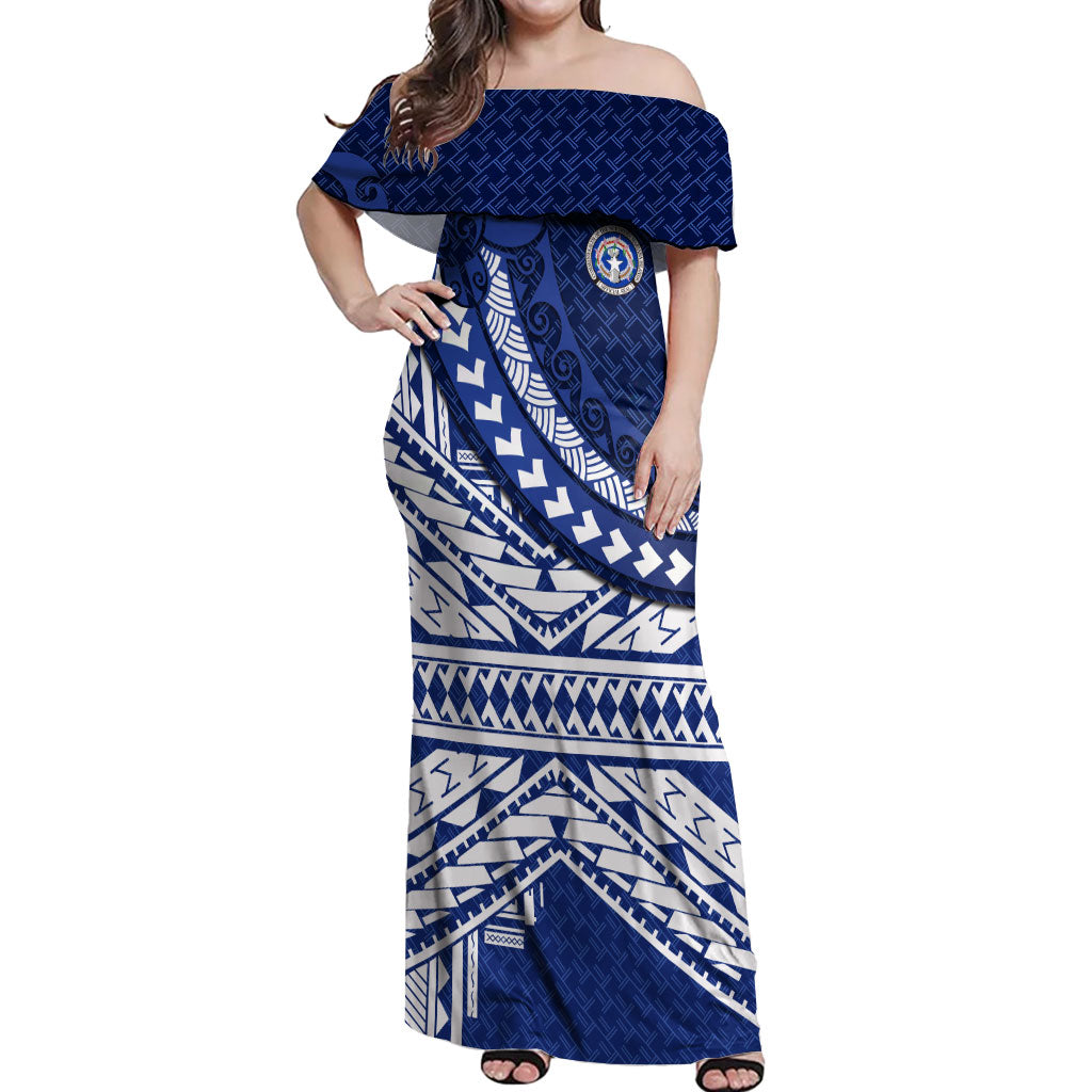Northern Mariana Islands Saipan Off Shoulder Maxi Dress Polynesian Tribal Pattern - Commonwealth Seal Art
