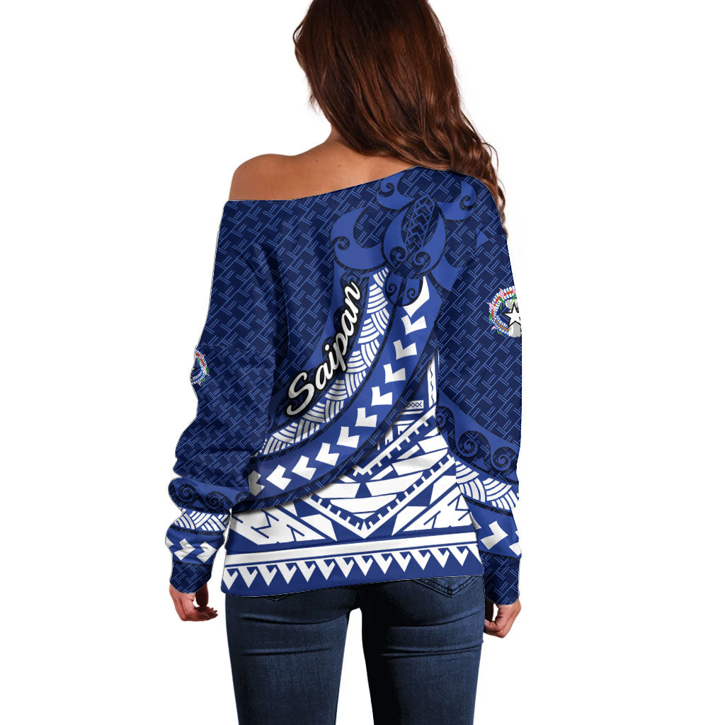 Northern Mariana Islands Saipan Off Shoulder Sweater Polynesian Tribal Pattern - Commonwealth Seal Art