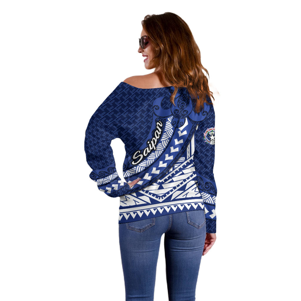 Northern Mariana Islands Saipan Off Shoulder Sweater Polynesian Tribal Pattern - Commonwealth Seal Art
