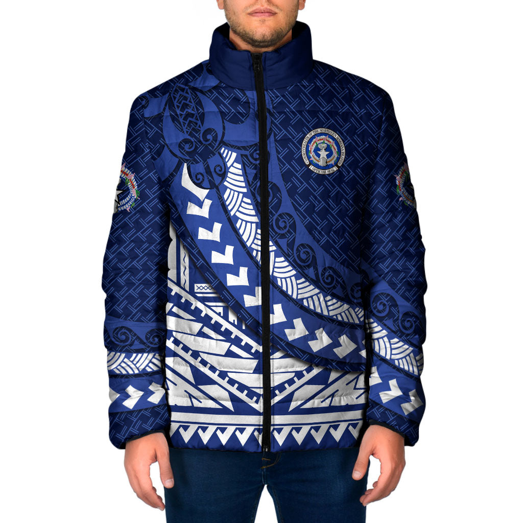 Northern Mariana Islands Saipan Padded Jacket Polynesian Tribal Pattern - Commonwealth Seal Art