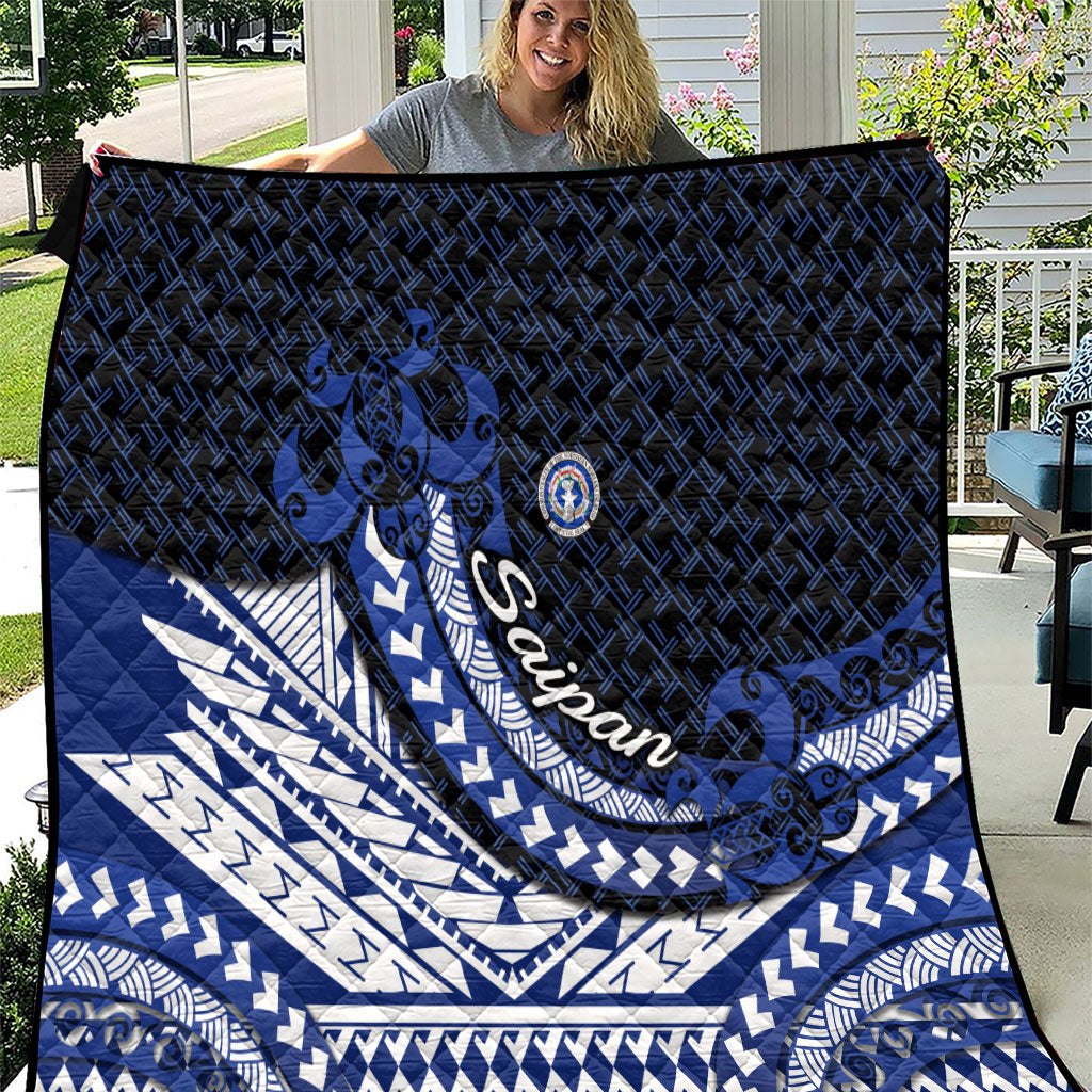 Northern Mariana Islands Saipan Quilt Polynesian Tribal Pattern - Commonwealth Seal Art TS04 Blue White - Polynesian Pride