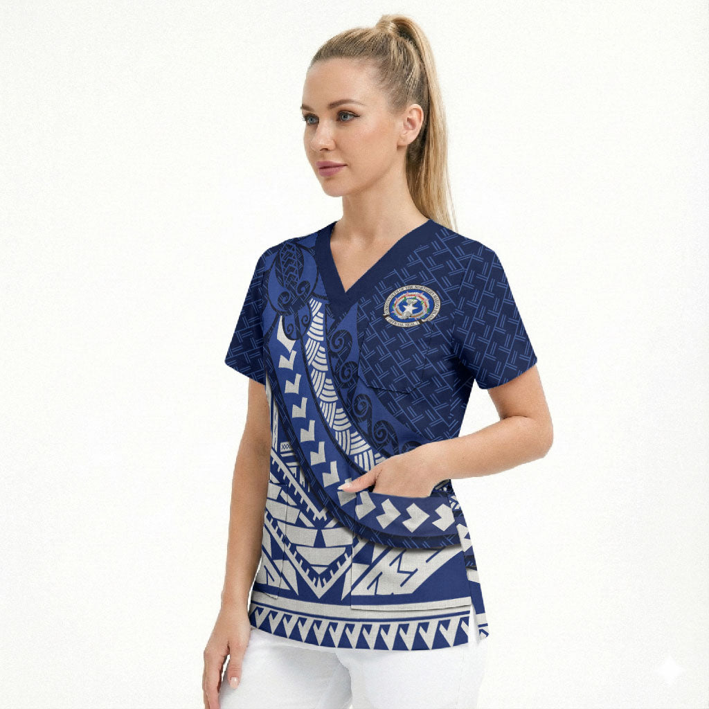 Northern Mariana Islands Saipan Scrub Top Polynesian Tribal Pattern - Commonwealth Seal Art