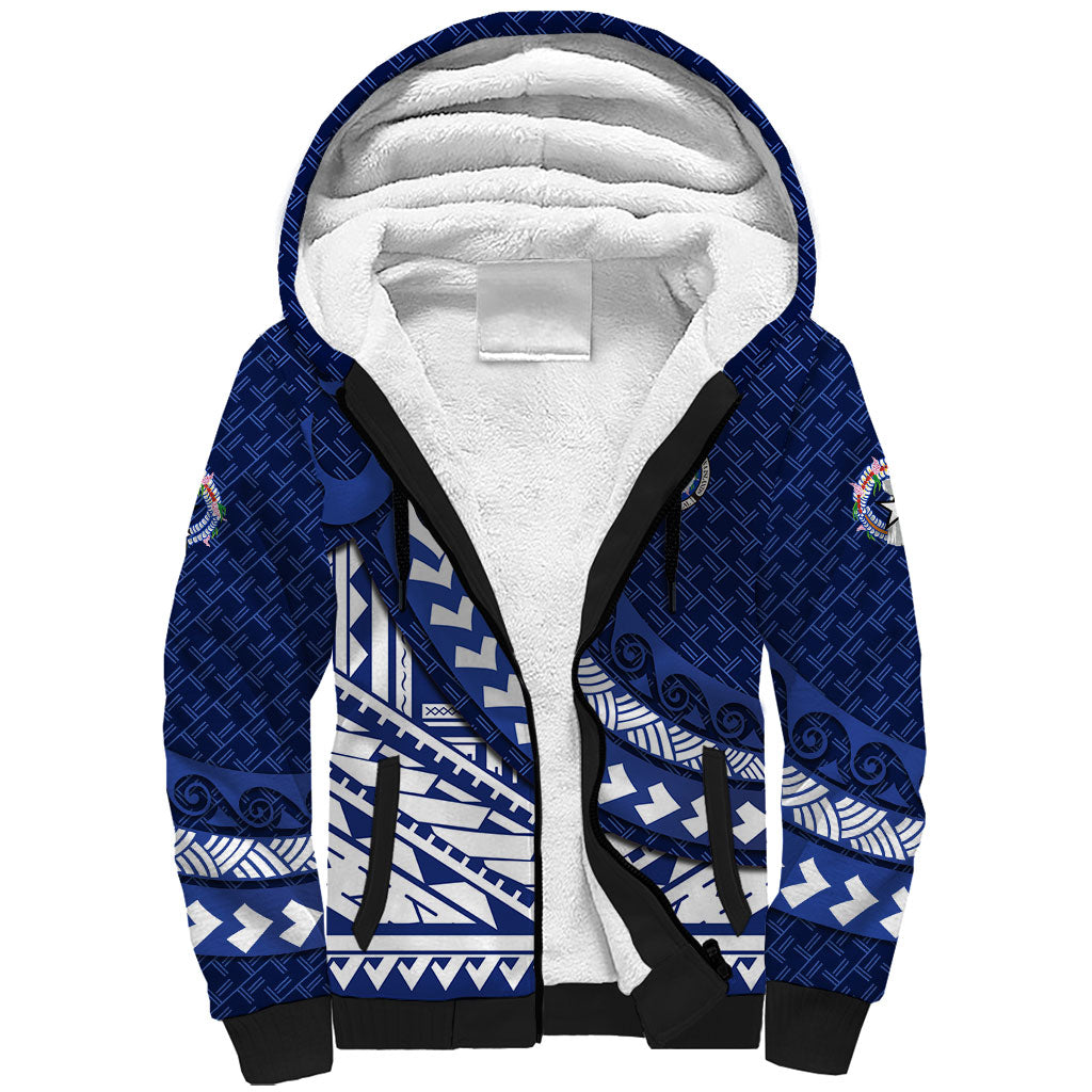 Northern Mariana Islands Saipan Sherpa Hoodie Polynesian Tribal Pattern - Commonwealth Seal Art TS04 Unisex Blue White - Polynesian Pride