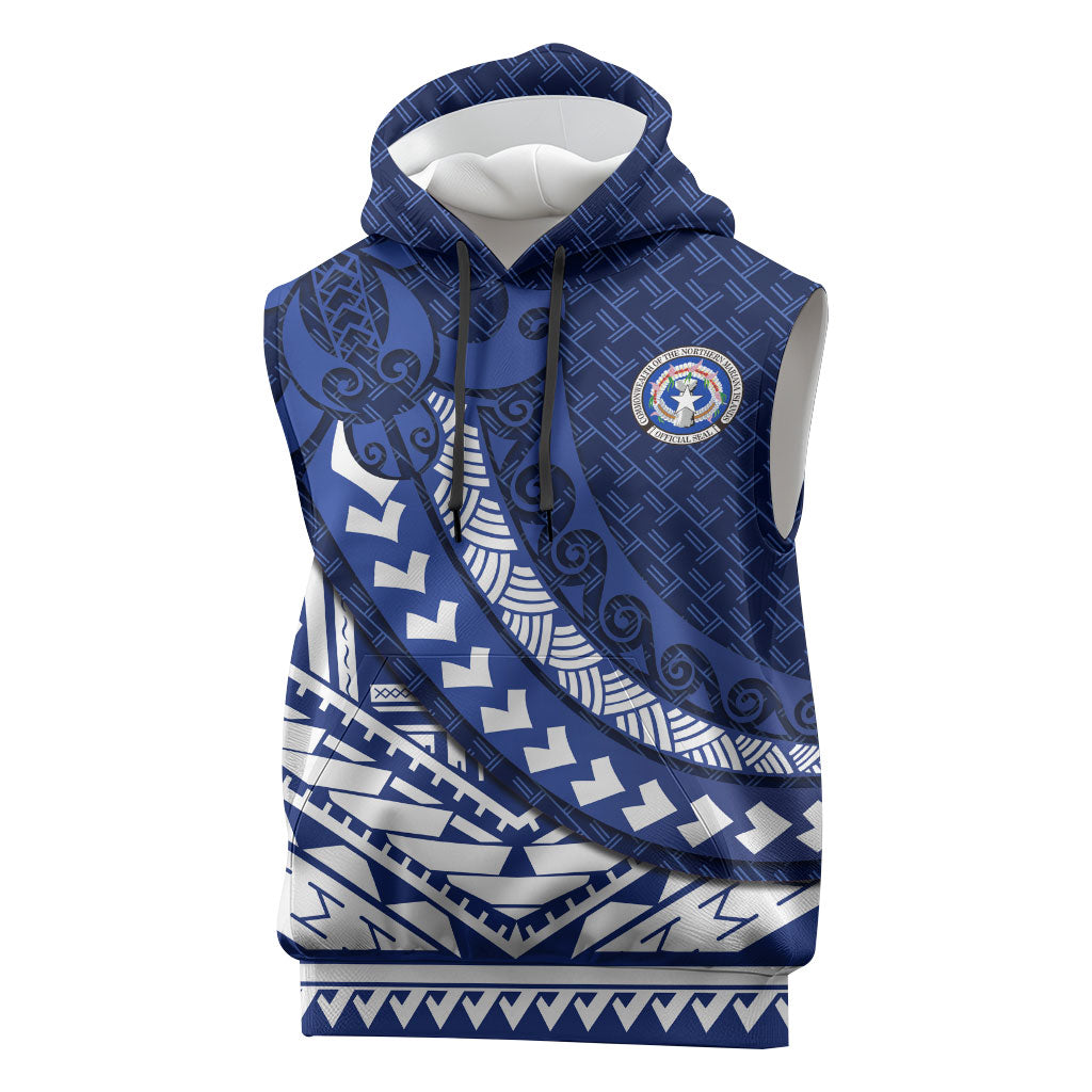 Northern Mariana Islands Saipan Sleeveless Hoodie Polynesian Tribal Pattern - Commonwealth Seal Art TS04 Blue White - Polynesian Pride