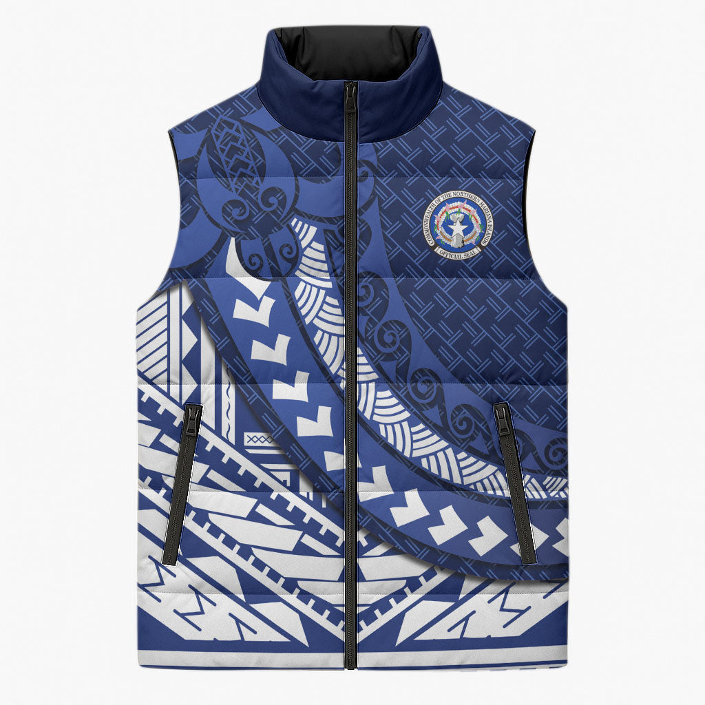 Northern Mariana Islands Saipan Sleeveless Puffer Jacket Polynesian Tribal Pattern - Commonwealth Seal Art