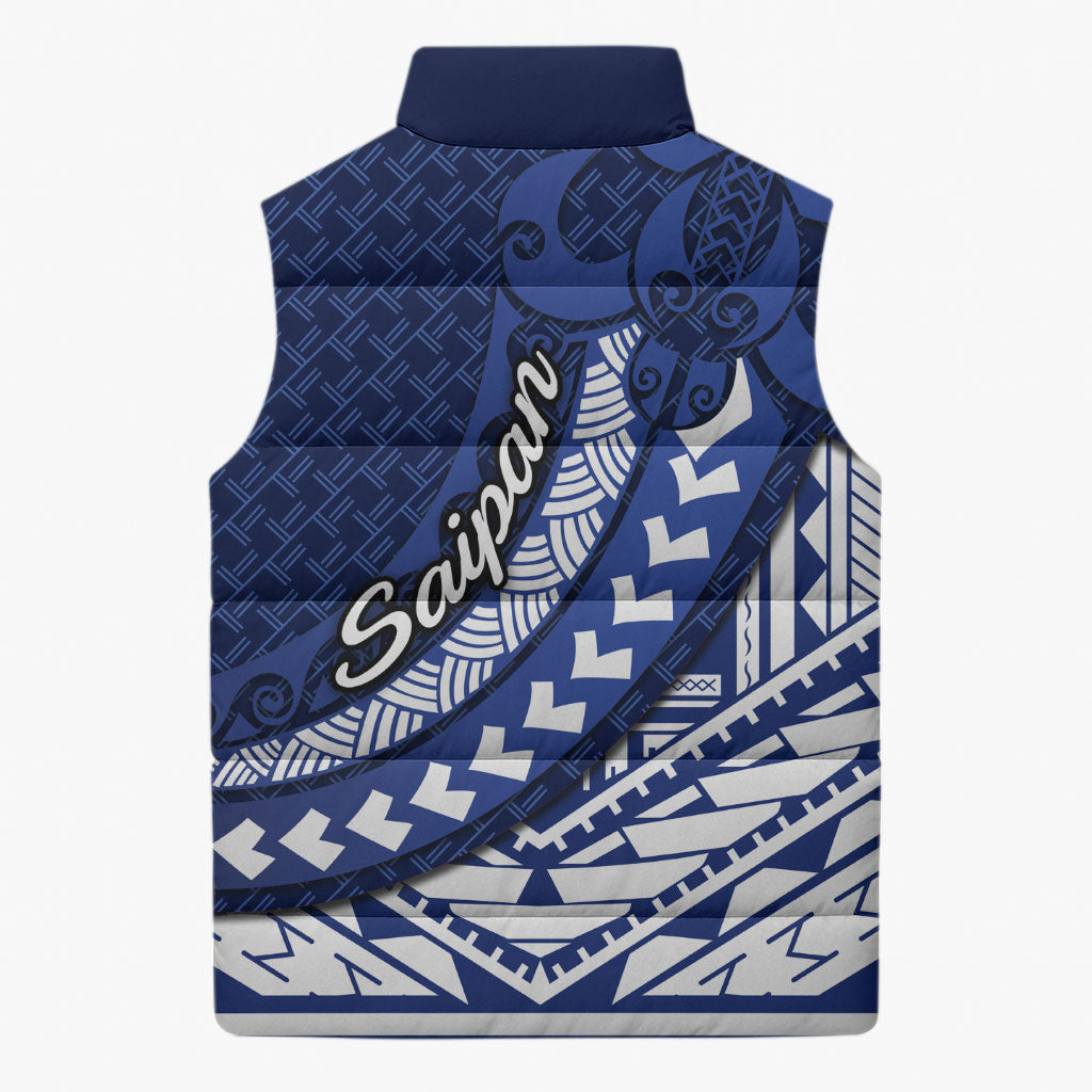 Northern Mariana Islands Saipan Sleeveless Puffer Jacket Polynesian Tribal Pattern - Commonwealth Seal Art